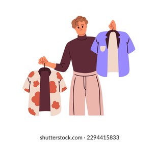 Person choosing clothes, shirt, deciding what to buy, wear. Man holding hangers with two different garments, apparel. Choice of outfit. Flat graphic vector illustration isolated on white background