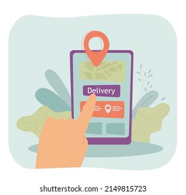Person choosing delivery address on map on phone. Pin point on smartphone screen flat vector illustration. Location, navigation concept for banner, website design or landing web page