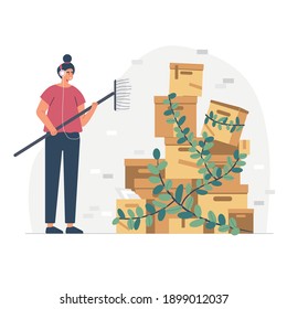 A person is cleaning the dirt very carefully. Flat vector illustration of a man with headphone. House interior.