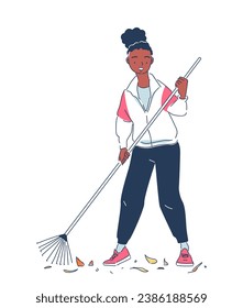 Person cleaning up garbage doodle. Care about ecology and nature, ecosystem. Poster or banner. Woman with rake near leaves. Cartoon flat vector illustration isolated on white background