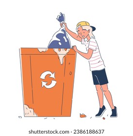 Person cleaning up garbage doodle. Care about ecology and nature, ecosystem. Girl with bag of trash near orange trashcan. Cartoon flat vector illustration isolated on white background