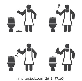 person cleaning woman in toilen with mop, plunger and brush icon set