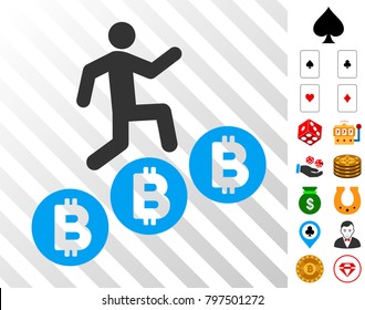 Person Climb Bitcoins icon with bonus casino pictures. Vector illustration style is flat iconic symbols. Designed for casino ui.