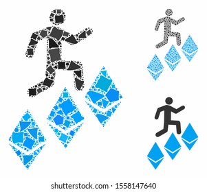 Person climb Ethereum composition of irregular items in various sizes and color tones, based on person climb Ethereum icon. Vector unequal items are composed into collage.