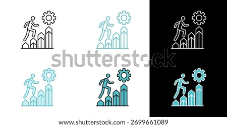 Person climbing bar chart icon for career development and performance improvement in line and fill style