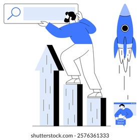 Person climbing bar graph holding search bar icon while rocket launches. Small image with cash back icon. Ideal for business growth, search optimization, financial incentives, startup success, data