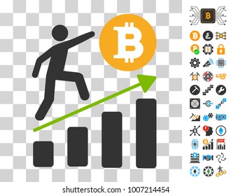 Person Climbing Bitcoin Chart icon with bonus bitcoin mining and blockchain pictographs. Vector illustration style is flat iconic symbols. Designed for crypto-currency websites.