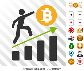 Person Climbing Bitcoin Chart icon with bonus gamble pictograms. Vector illustration style is flat iconic symbols. Designed for gamble software.