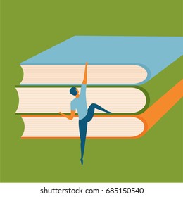 Person climbing books. Education level, reading challenge or skill development concept. Great for a poster or banner. Student or reader climbing a pile of books. Vector illustration.