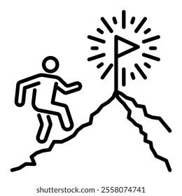 Person climbing up to catch the flag at the peak of the mountain round line vector icon with editable stroke, representing ambition, achievement, success, overcoming challenges, and reaching goals