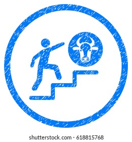 Person Climbing To Cow grainy textured icon inside circle for overlay watermark stamps. Flat symbol with unclean texture. Circled vector blue rubber seal stamp with grunge design.