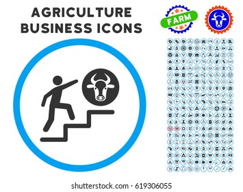 Person Climbing To Cow rounded icon with agriculture business icon clip art. Vector illustration style is a flat iconic symbol inside a circle, blue and gray colors.