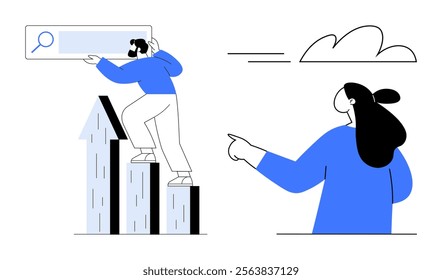 Person climbing graph steps while holding a search bar, with another person pointing toward them under a simple cloud. Ideal for business progress, search engines, teamwork, data analysis, career