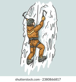 Person climbing ice wall in winter sports gear. Thrilling ice climbing adventure with determined climber scaling frozen wall.