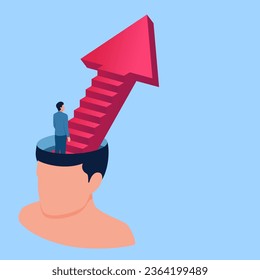 person climbing a ladder arrow on a big head, a metaphor of the growing mind