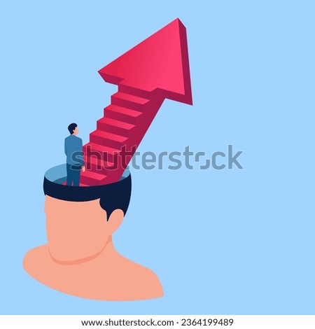 person climbing a ladder arrow on a big head, a metaphor of the growing mind