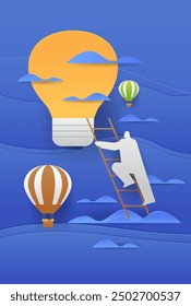 Person climbing ladder to lightbulb innovation concept hot air balloons blue background paper cut style