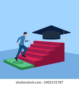 person climbing money ladder towards graduation cap, metaphor of educational scholarship. Simple flat conceptual illustration.