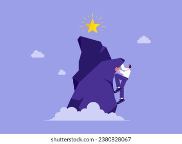 Person climbing up to mountain peak, success, Overcoming obstacles, achieving challenging goal concept, aspiration to aim target through hurdles