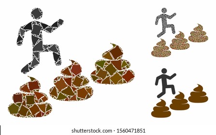 Person climbing shit levels composition of irregular pieces in various sizes and color hues, based on person climbing shit levels icon. Vector irregular elements are combined into composition.