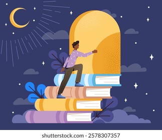 A person climbing stacked books toward a glowing doorway under a starry night sky with a crescent moon. Concept of education and personal growth. Vector illustration