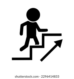 Person climbing stairs and arrow icon for direction of motion. Vector.