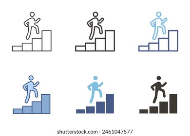 Icono de gráfico de crecimiento de persona subiendo escaleras. Vector Elementos gráficos para el éxito, el desarrollo, el logro