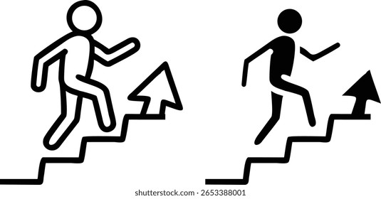 Ícone Vetor de Escadas de Escalada de Pessoa em Contorno e Estilo Sólido Representando Progresso, Sucesso e Crescimento