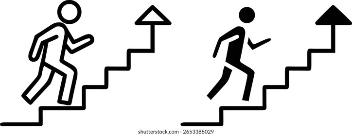 Ícone Vetor de Escadas de Escalada de Pessoa em Contorno e Estilo Sólido Representando Sucesso, Crescimento e Progresso