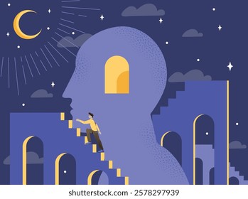 A person climbing stairs leading into a silhouette of a head with an illuminated doorway, under a crescent moon and stars. Concept of personal growth. Vector illustration