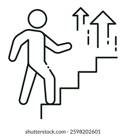 Person climbing stairs with an upward arrow representing career growth, leadership development, and business success, editable stroke