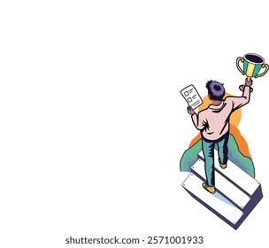 A person climbing steps, holding trophies and a checklist, symbolizing success, achievement, and progress. Minimalistic and motivational design with vibrant colors, representing goals and growth.