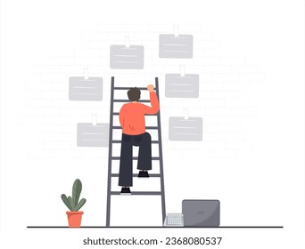 Persona escalando arriba, mirando las notas , buscando información, planificación y gestión, ilustración vectorial plana