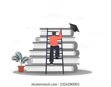 Person climbing upstairs, running up the career ladder, improvement of skills, achievement of the aims, education concept, flat vector illustration
