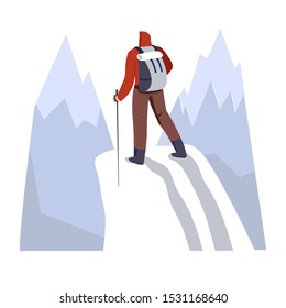 Person climbing, winter trek walking with trekking pole, stick, enjoying the view at peak, back view. Hiking gear in backpack. Mountaineering, extreme sport. Vector illustration on white background.