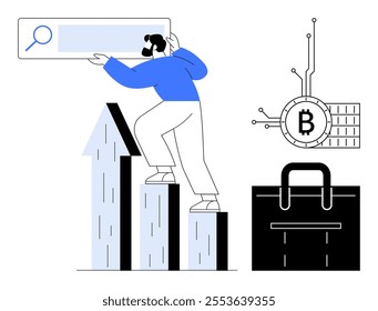 A person climbs a bar graph while holding a search bar with a Bitcoin symbol and a briefcase nearby. Ideal for financial growth, business strategy, cryptocurrency, digital search, professional
