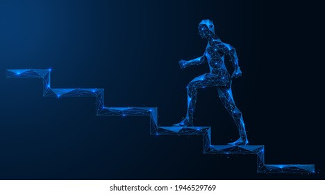 A person climbs up the stairs. The concept of progress and career growth. A low-poly silhouette of interlocking lines and dots. Blue background.