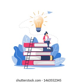 Person climbs the stairs, improve new skills and education. Online courses and business, distance education, online books and study guides, exam preparation, home schooling, vector illustration.