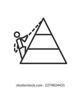 Person climbs to the top of the pyramid, linear icon. Line with editable stroke