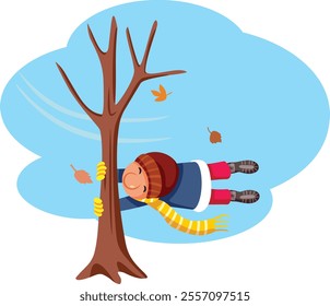 
Person Clinging to a Tree in Windy Tempest Storm Weather Vector Illustration. Man in danger during a super storm cause by climate change 
