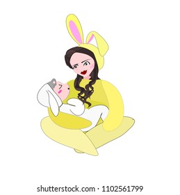 Person clipart vector. Illustration cartoon character on white isolate background.Mom is wearing a rabbit costume carrying his baby to sleep. Happy mother day.