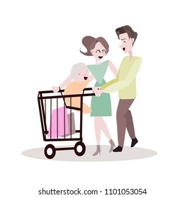 Person clipart vector. Illustration family cartoon on isolated white background. Parent take the children to shopping.