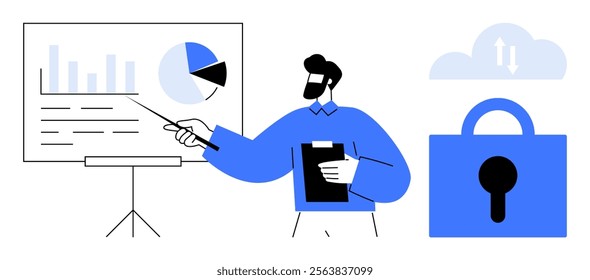 Person with a clipboard points to charts on a whiteboard, cloud icon, and lock symbol. Ideal for business presentations data analysis security cloud computing and information technology concepts