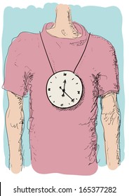 Person with clock hanging around his neck, vector illustration