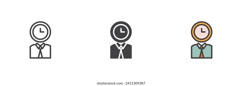 Person with clock head different style icon set. Line, glyph and filled outline colorful version, outline and filled vector sign. Time management symbol, logo illustration. Vector graphics