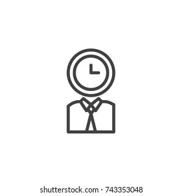 Person with clock head line icon, outline vector sign, linear style pictogram isolated on white. Time management symbol, logo illustration. Editable stroke