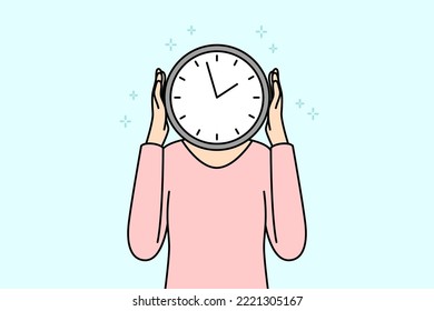 Person with clock instead of head. Man or woman with watch worried about missed deadline. Time management. Vector illustration. 