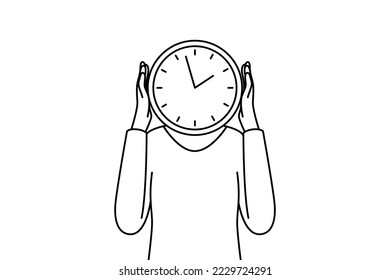 Person with clock instead of head. Man or woman with watch worried about missed deadline. Time management. Vector illustration. 