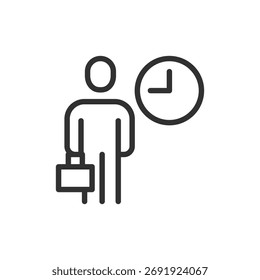 Persona con reloj, icono lineal. Gestión del tiempo y concepto de puntualidad. Línea con trazo editable.