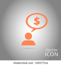 A person with a cloud. Icon dollar. Human thought bubble above his head. Flat design style. Made in vector illustration